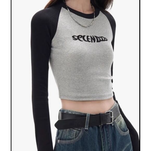 Y2K Style Raglan Long Sleeve Cropped Crew Neck Ribbed Black And Gray Shirt Top M - Picture 1 of 8